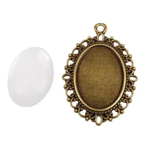 Metall-Fassung Anh�nger oval mit Zierrand 2,9x3,7cm altgold (Restbestand)