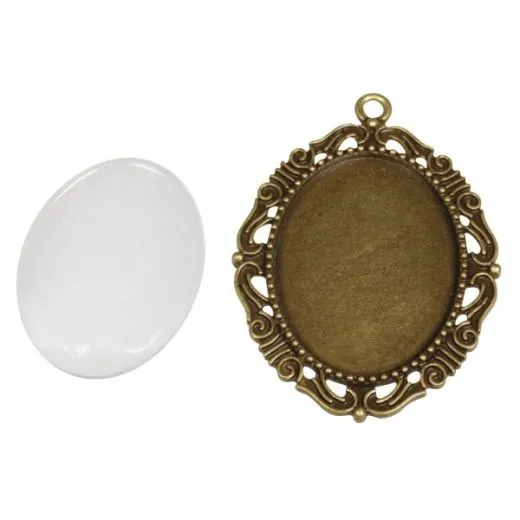 Metall-Fassung Anh�nger oval mit Zierrand 4,3x5,2cm altgold (Restbestand)