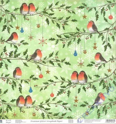 Premium Glitter Scrapbook paper Christmas robin 312