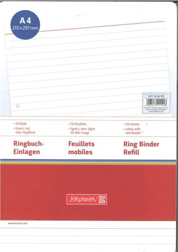 Ringbuch-Einlagen A4 liniert mit roter Kopflinie