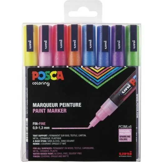MARKER UNI POSCA PC-3M 0,9-1,3mm Glitter 8ER SET