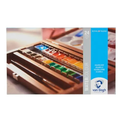 Aquarell-Set im Holzkasten mit 24 Farben in halbe N�pfchen + 3 Teilen Zubeh�r