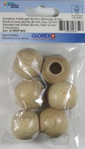 Grossloch Holzkugel 30mm Bohrung 12mm 6 St.