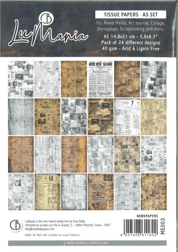 LuMania Tissue Papers A5 Set 24 verschiedene Designs - Newspapers