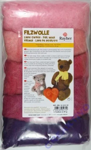 Reine Schurwolle, meliert, Rosa-T�ne, Vlies, Beutel 5 Farben � 20g