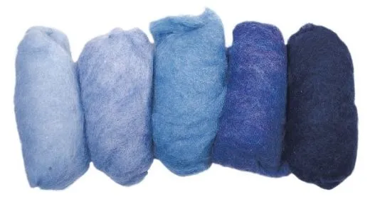 Reine Schurwolle, meliert, Blau-T�ne, Vlies, Beutel 5 Farben � 20g