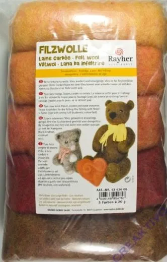 Reine Schurwolle, meliert, Gelb-T�ne, Vlies, Beutel 5 Farben � 20g