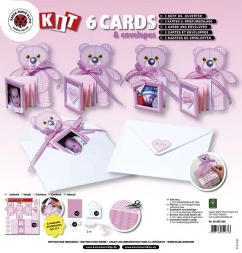 Bastelset: 6 Karten mit Teddys u.Kuverts babyrosa (Restbestand)