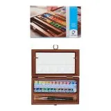 Aquarell-Set im Holzkasten mit 24 Farben in halbe N�pfchen + 3 Teilen Zubeh�r