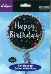 Folienballon Happy Birthday schwarz / bunte Punkte