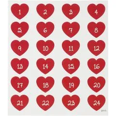 Sticker Adventszahlen 1-24 Herzen rot